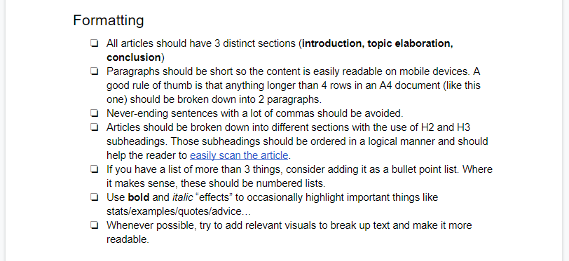 Point Visible's content formatting guidelines snapshot.