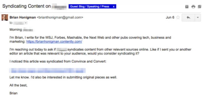 Syndicating content email example