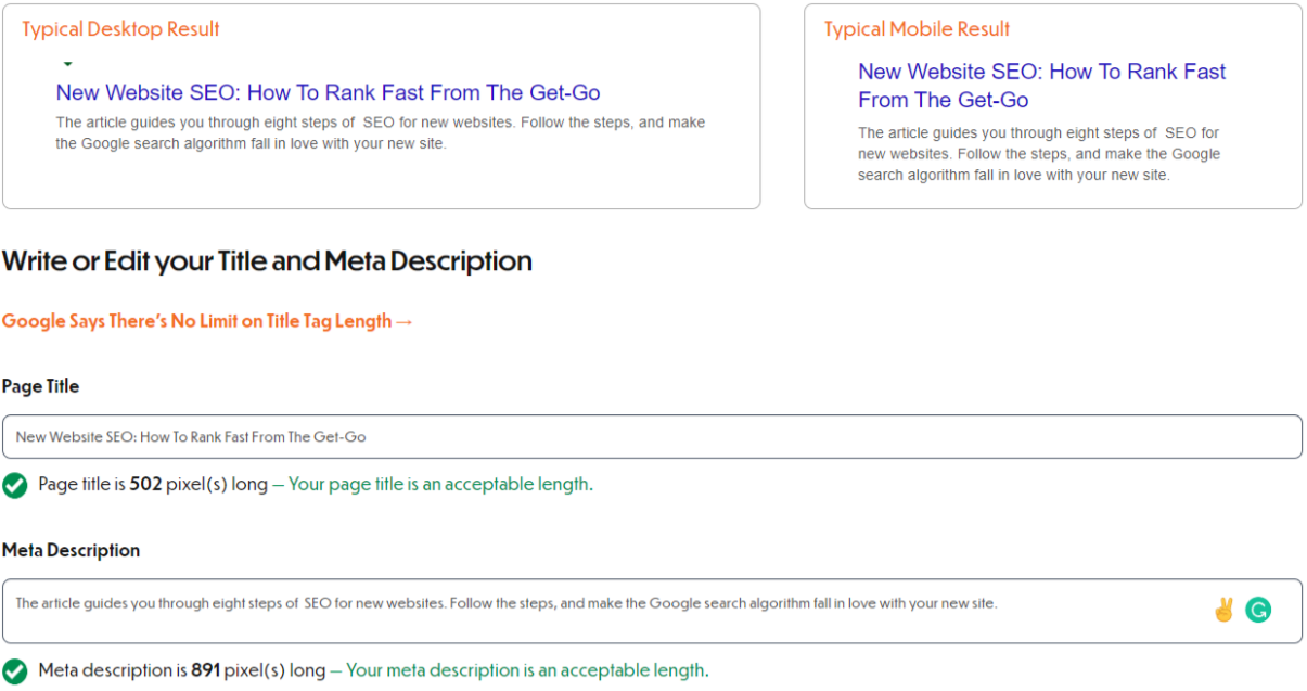 Meta description and title tag example