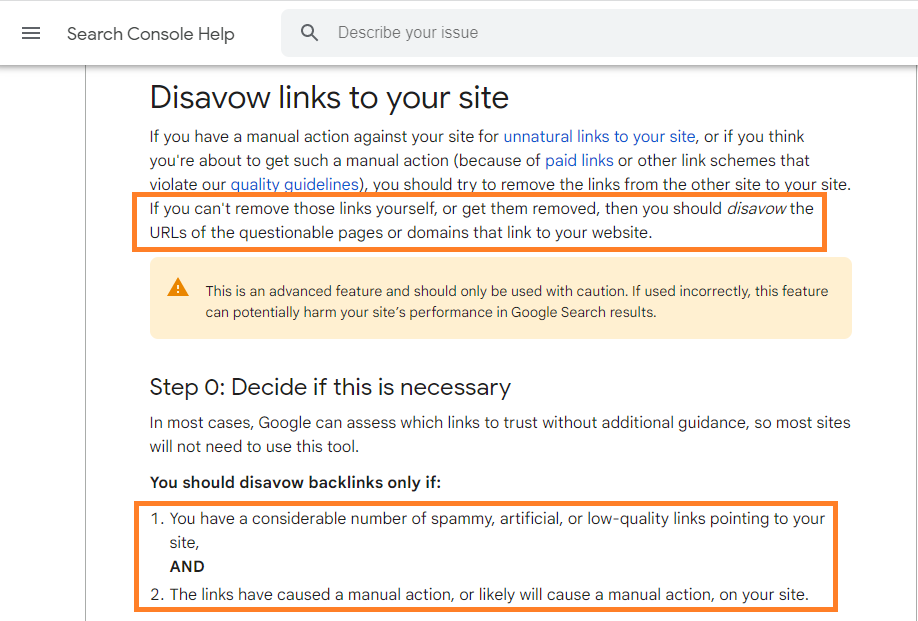 Instructions on how to disavow links.