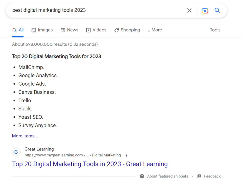 Example of featured snippets on Google.
