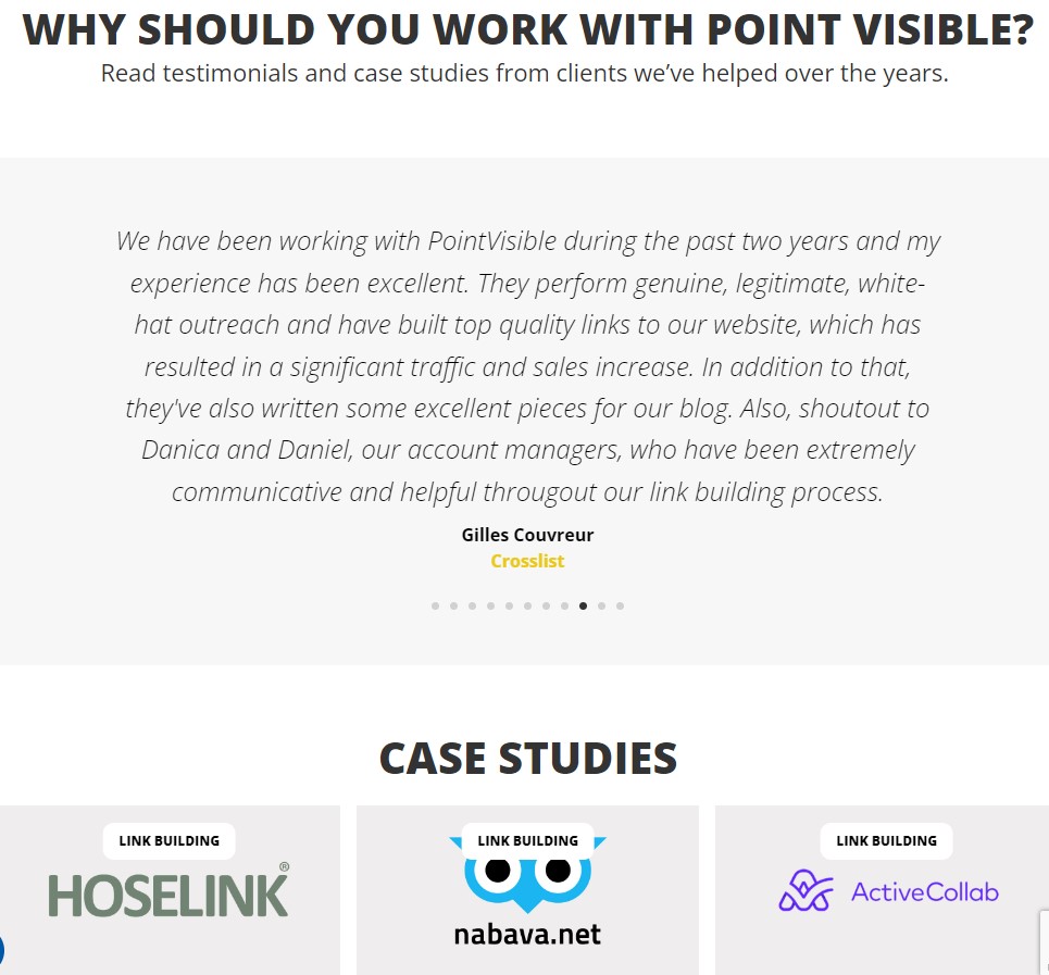 Screenshot of the Point Visible's case studies page.